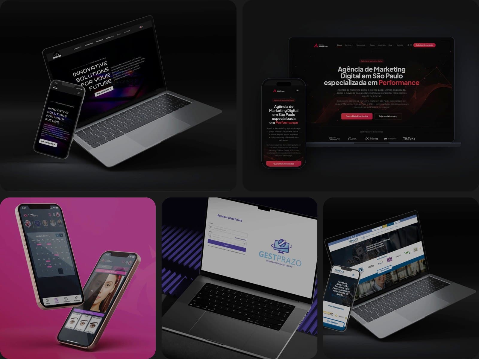 Mosaico com telas dos cases SoftSeven, J&A Digital Marketing, Lash Mapping, GestPrazo e APDados